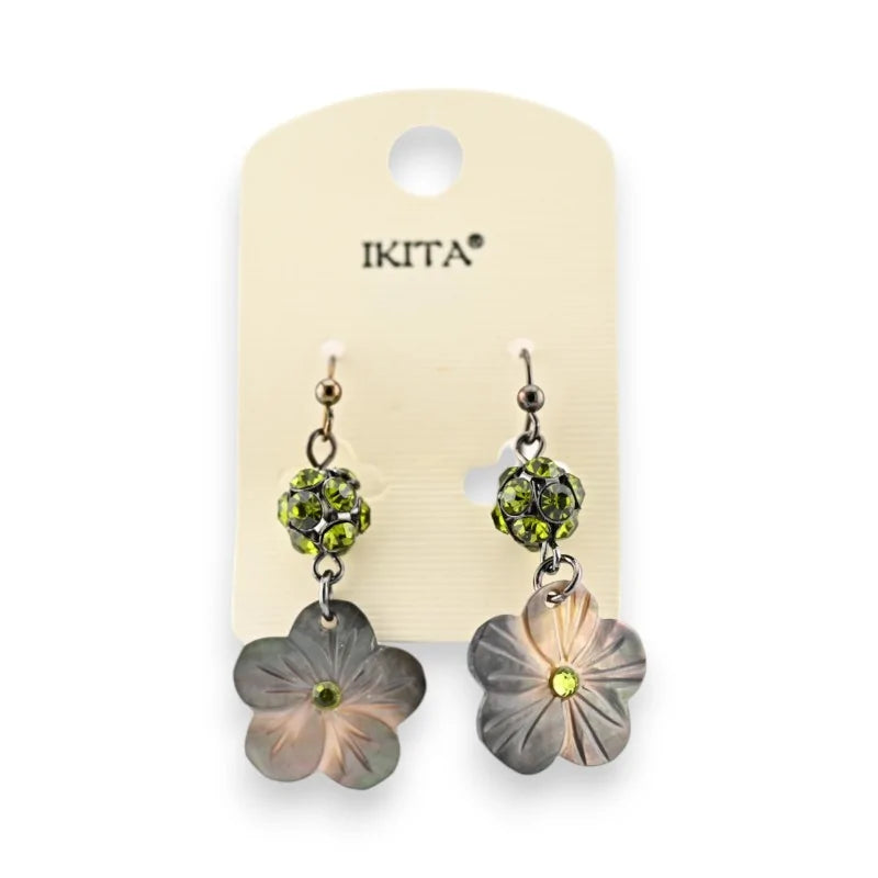 Boucles d'oreilles Fleur Nacre Ikita strass kaki