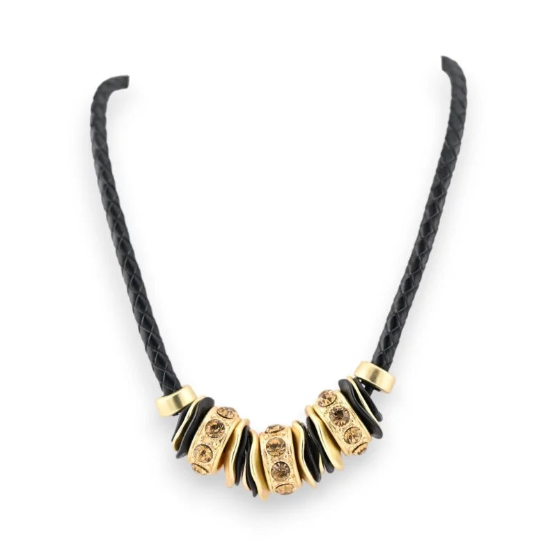Collier cordon cuir noir avec pendentif doré composé d'anneaux et perles décoratives