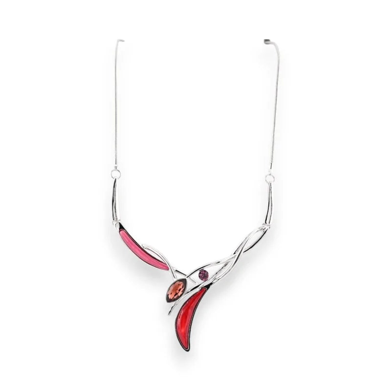 Collier argenté élégant avec pendentif design rouge et fuchsia, bijou moderne pour f...