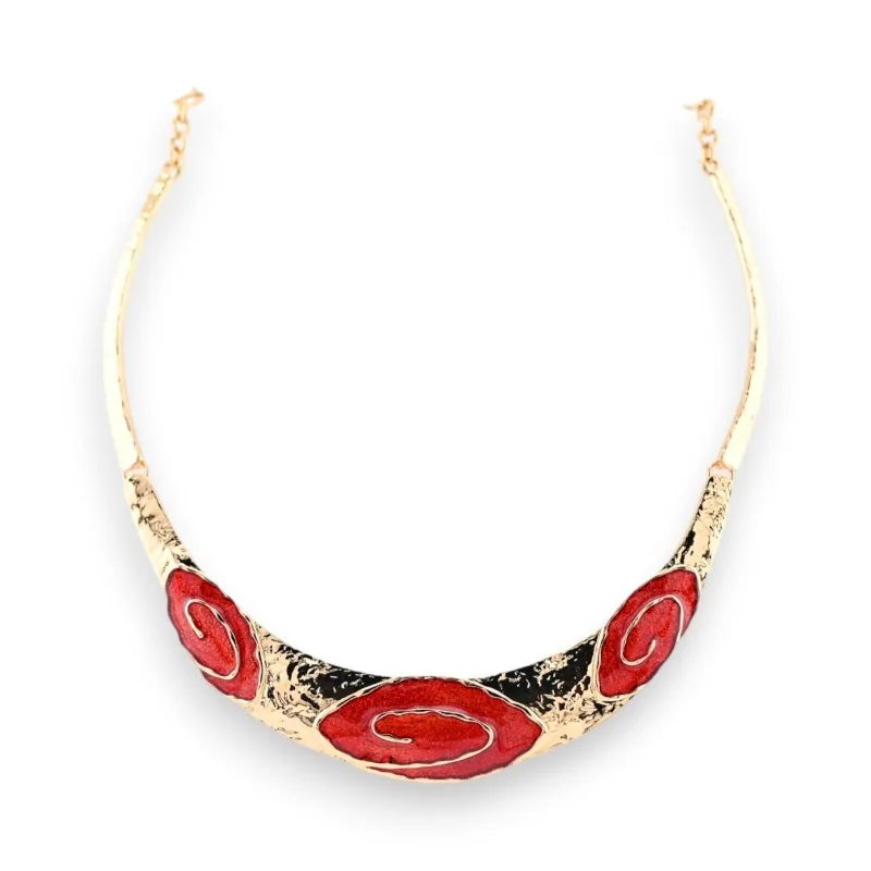 Collier semi-rigide doré avec motifs floraux rouges, bijou élégant style Ikita