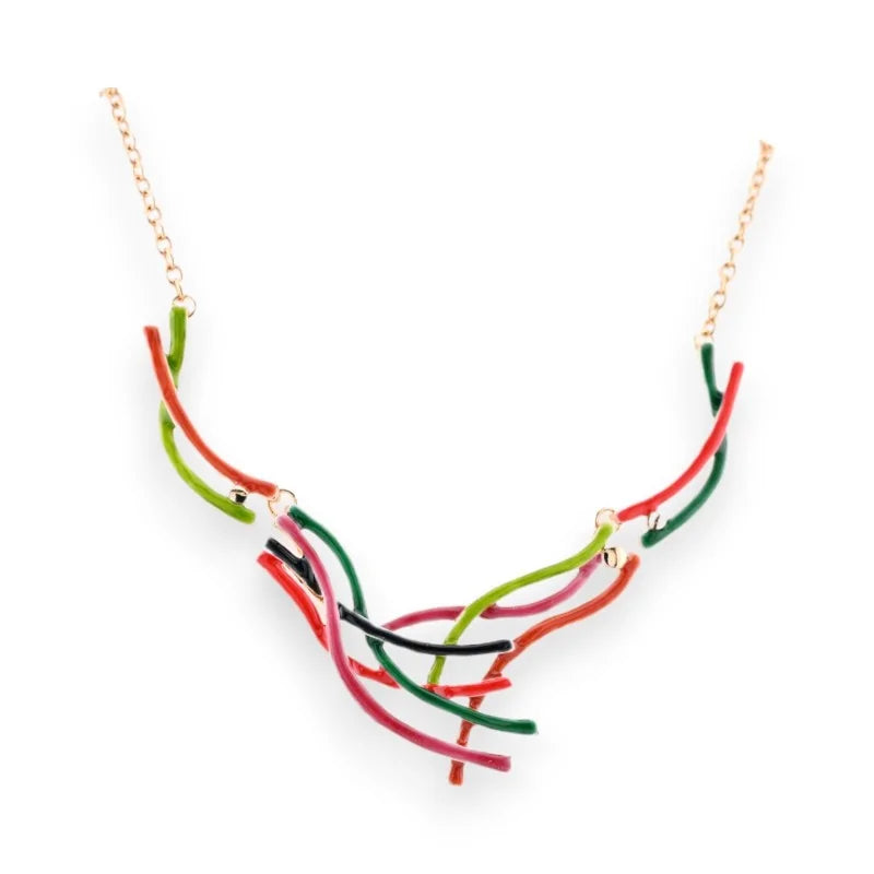 Collier doré avec pendentif multicolore en fils entrelacés rouge, vert et rose
