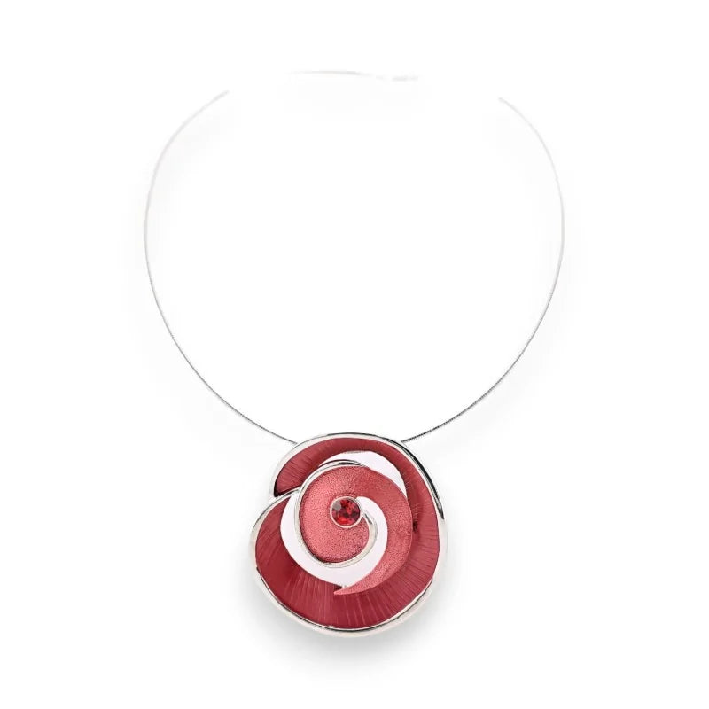 Collier ras de cou avec pendentif spirale rouge bordeaux sur fil argenté, design minim...