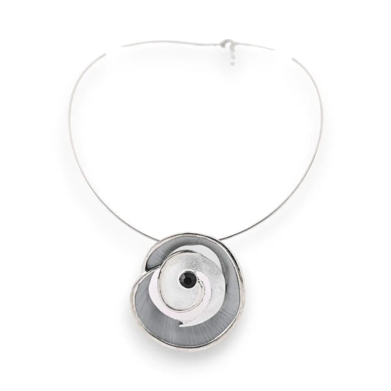 Collier ras de cou argenté avec pendentif spirale gris et blanc, bijou moderne et épuré