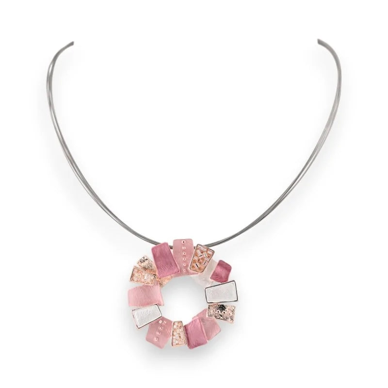Collier pendentif cercle avec perles roses et blanches sur cordon argenté, bijou Ikita