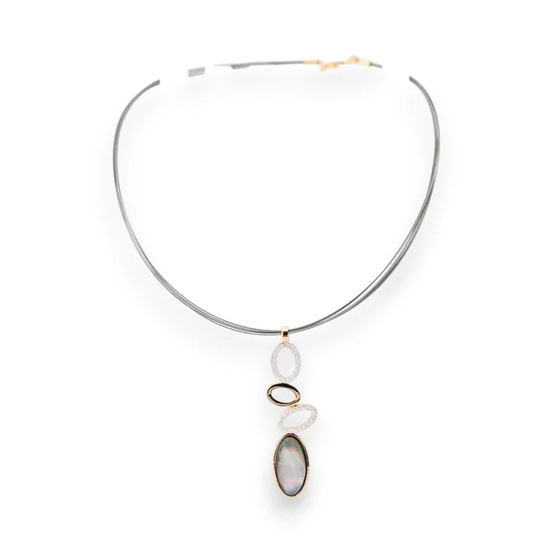 Collier pendentif ovale en nacre Ikita sur cordon gris, bijou élégant et minimaliste
