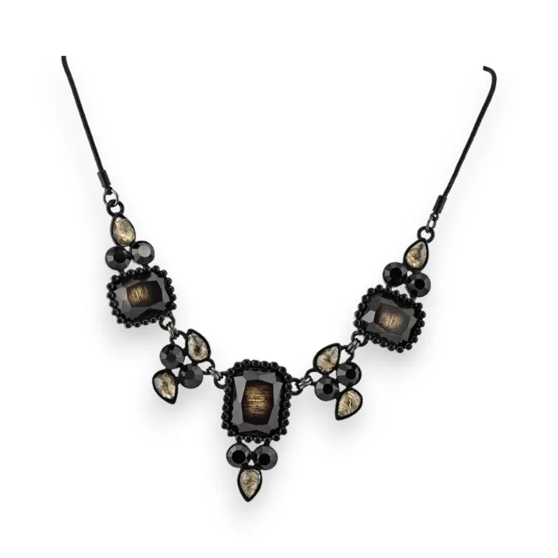 Collier baroque noir avec pierres grises, style vintage, monture en métal foncé