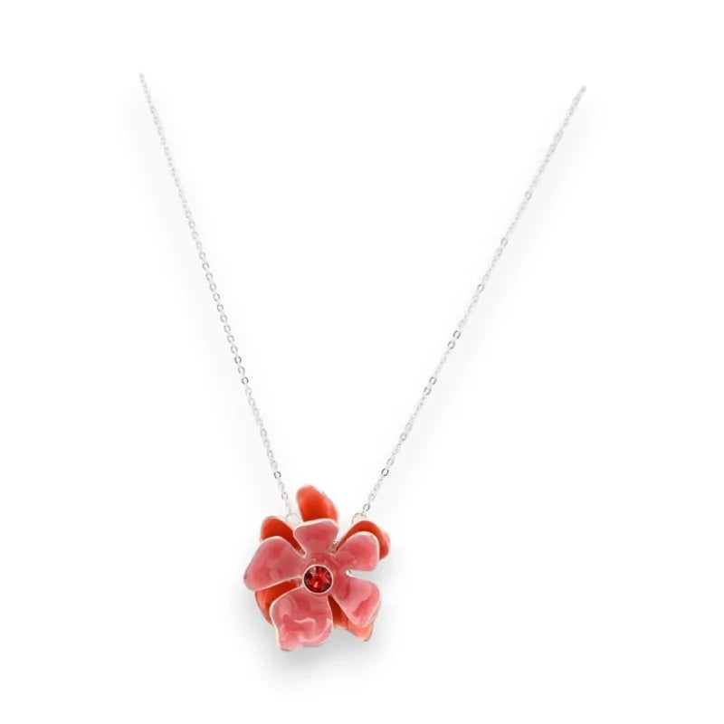 Collier argenté avec pendentif fleur rouge-rose en céramique, bijou délicat Ikita