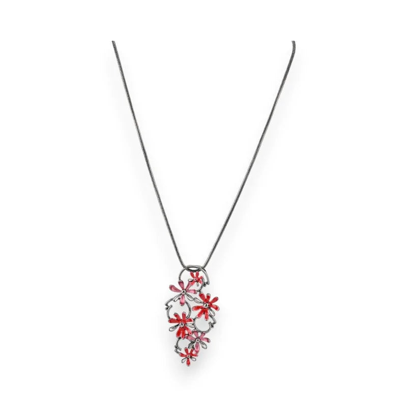 Collier pendentif floral rouge et blanc sur chaîne fine argentée, bijou fantaisie Ikita