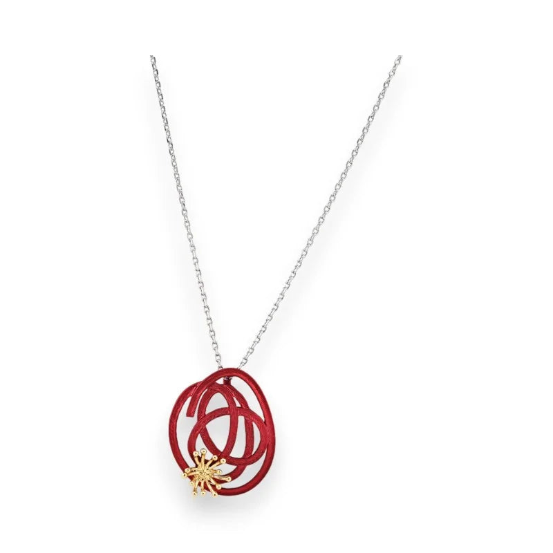 Collier avec pendentif médaillon rouge design floral et chaîne argentée fine