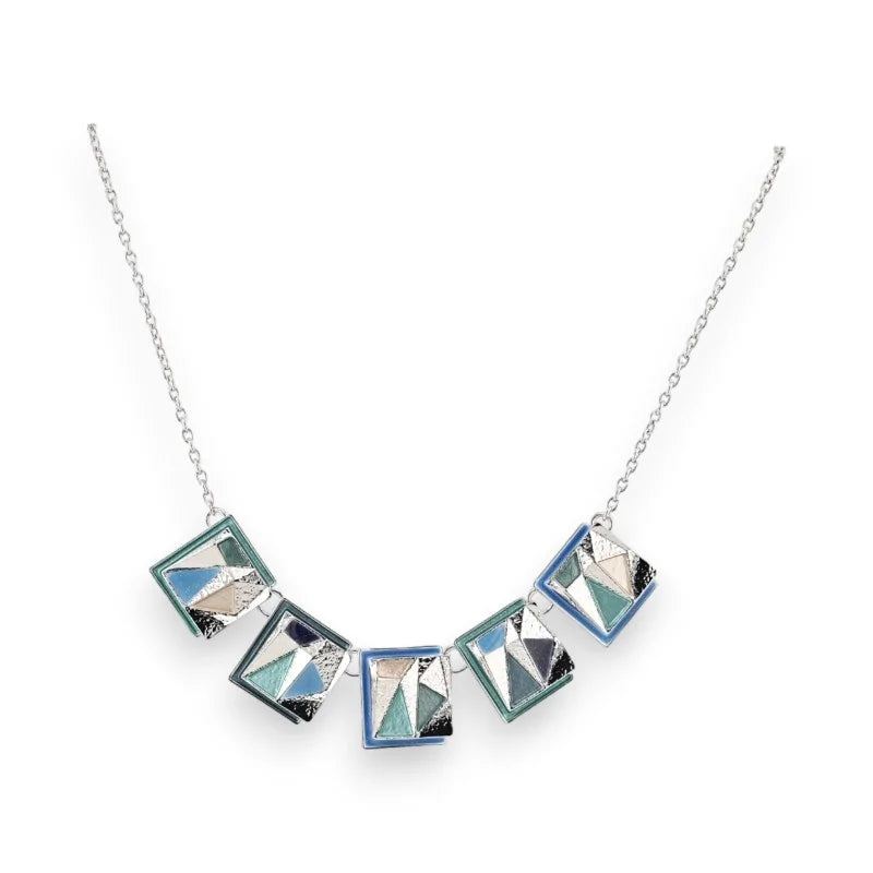 Collier géométrique avec 5 carrés bleu et argent sur chaîne fine, bijou fantaisie I...