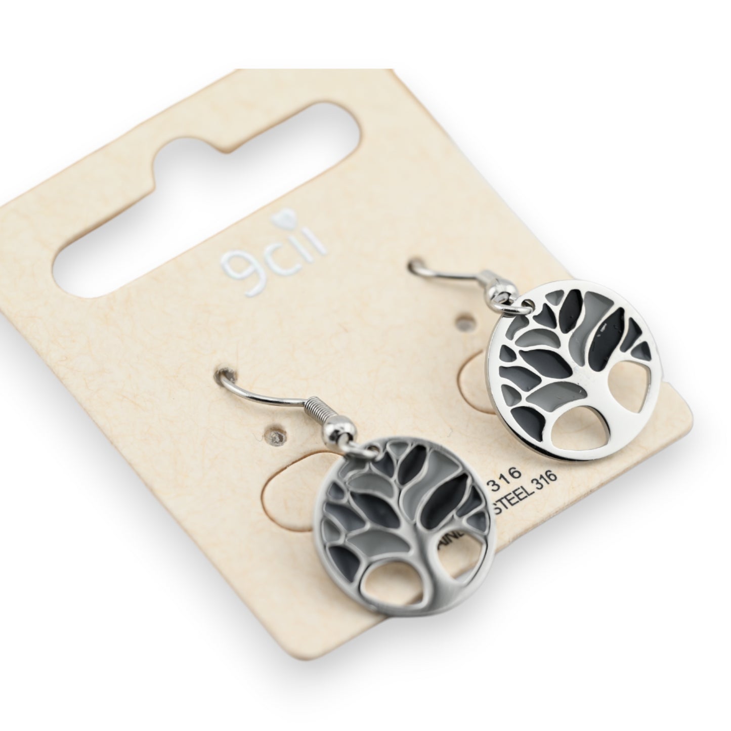 Boucle d'oreille acier argenté arbre de vie noir et gris