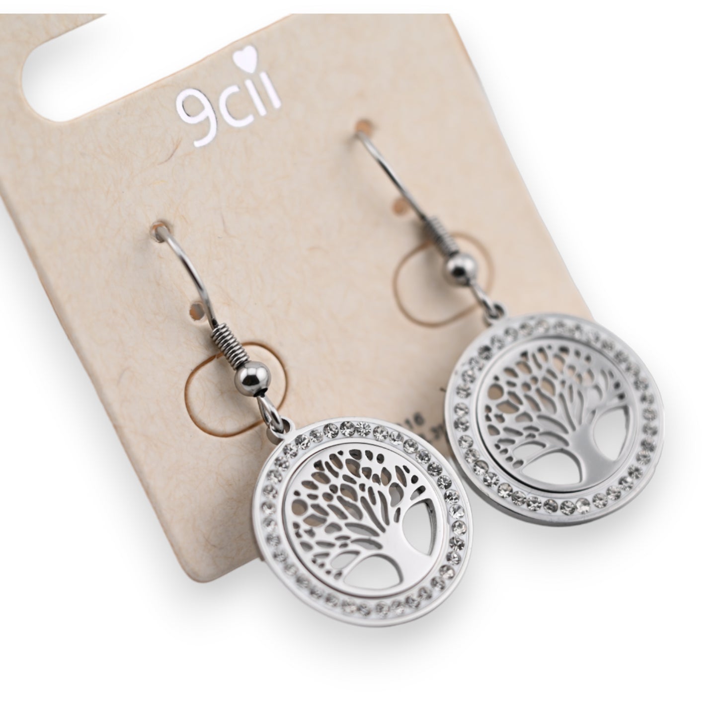 Boucle d'oreille acier argenté arbre de vie scintillant