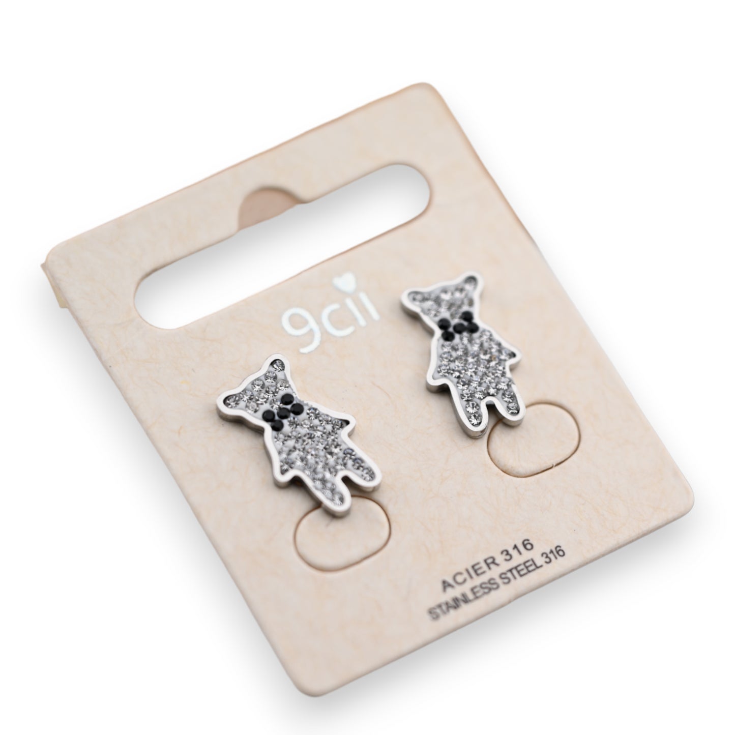 Boucle d'oreille acier argenté nounours strass