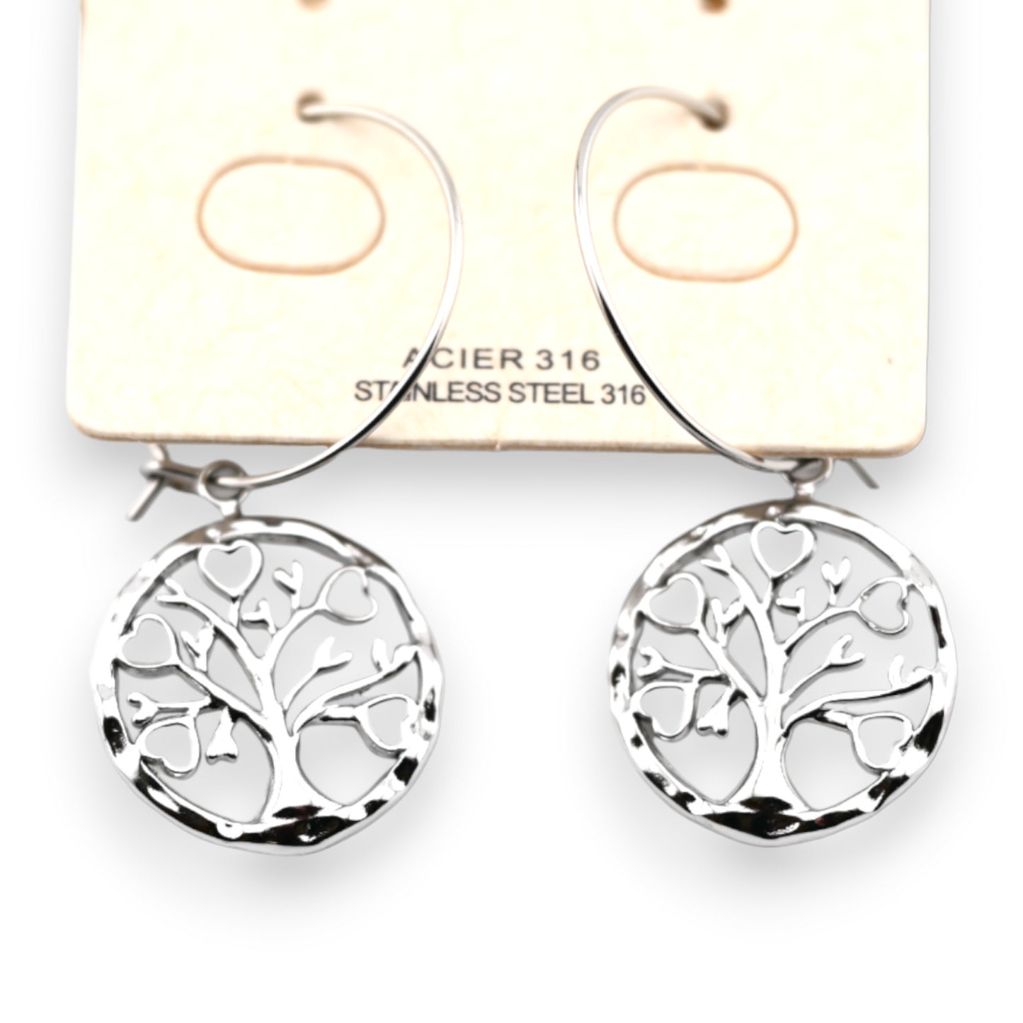 Boucle d'oreille acier argenté pendante arbre de vie blanc