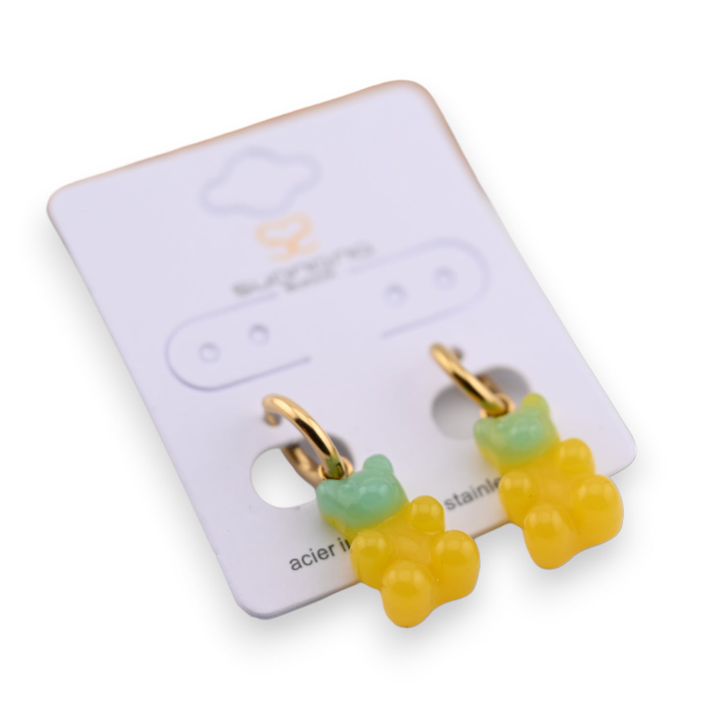 Boucle d'oreille acier doré nounours bonbon vert et jeune