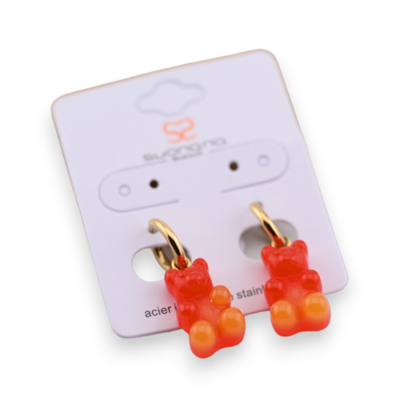 Boucle d'oreille acier nounours bonbon orange sanguine