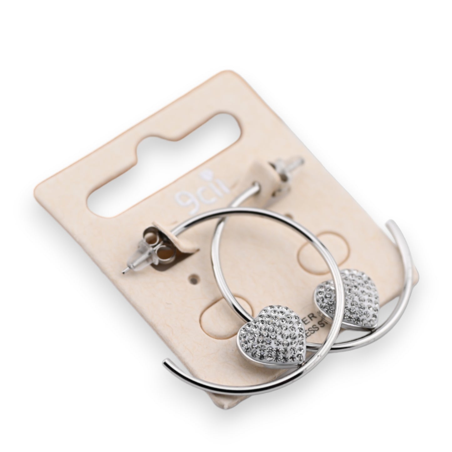 Boucle d'oreille demi créole acier argenté coeur strass
