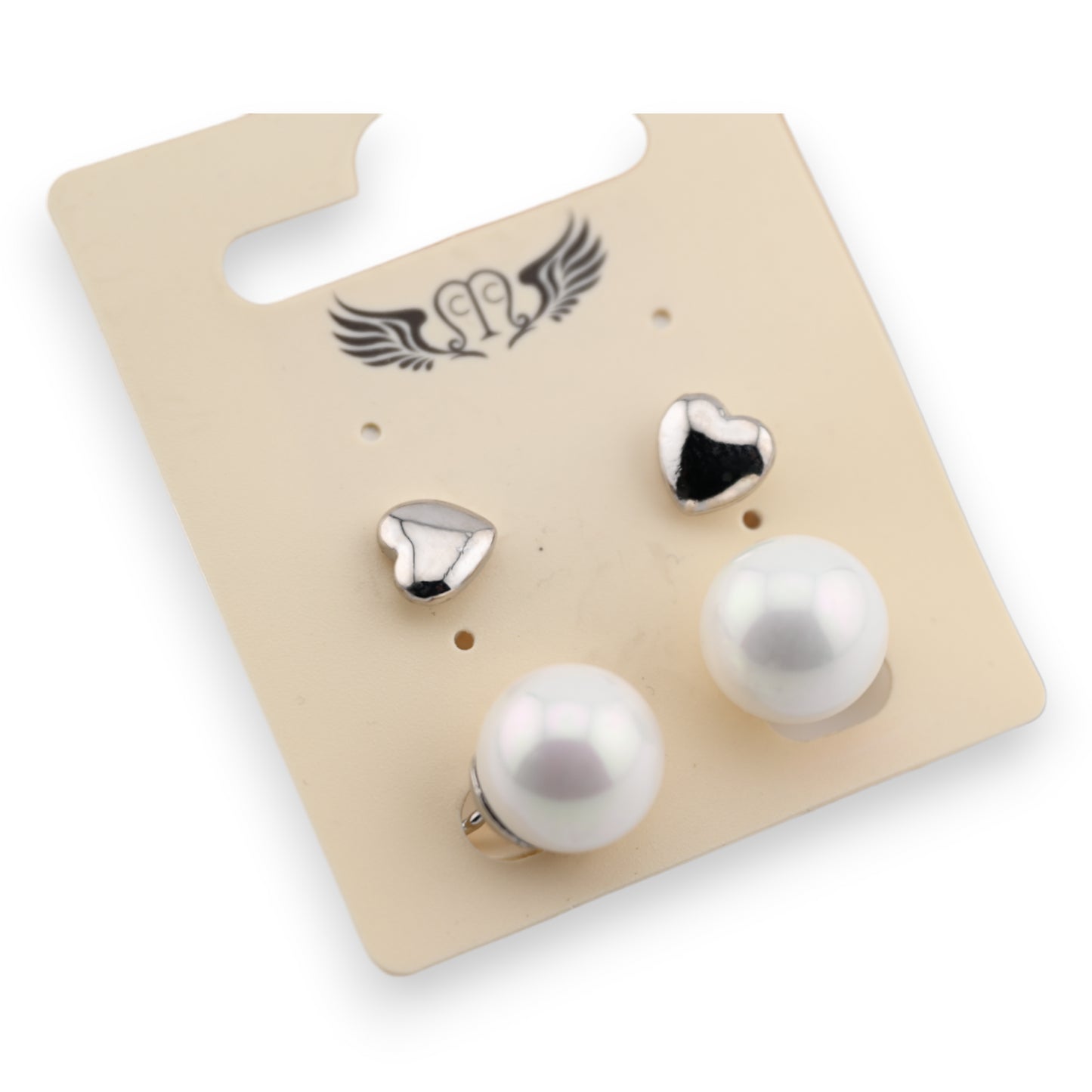 Boucle d'oreille fantaisie argentée coeur et perle écru