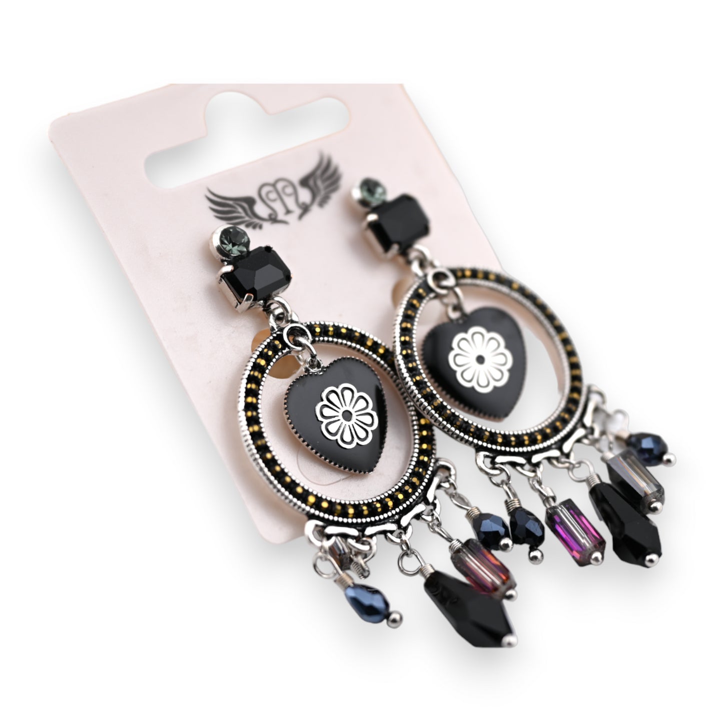 Boucle d'oreille fantaisie argentée et noire pendante coeur