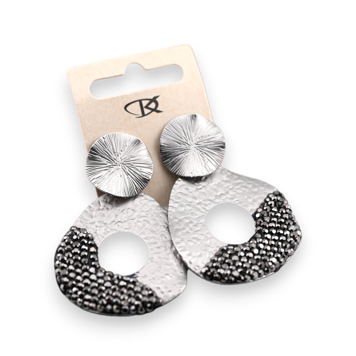 Boucle d'oreille fantaisie pendante métal gris et strass