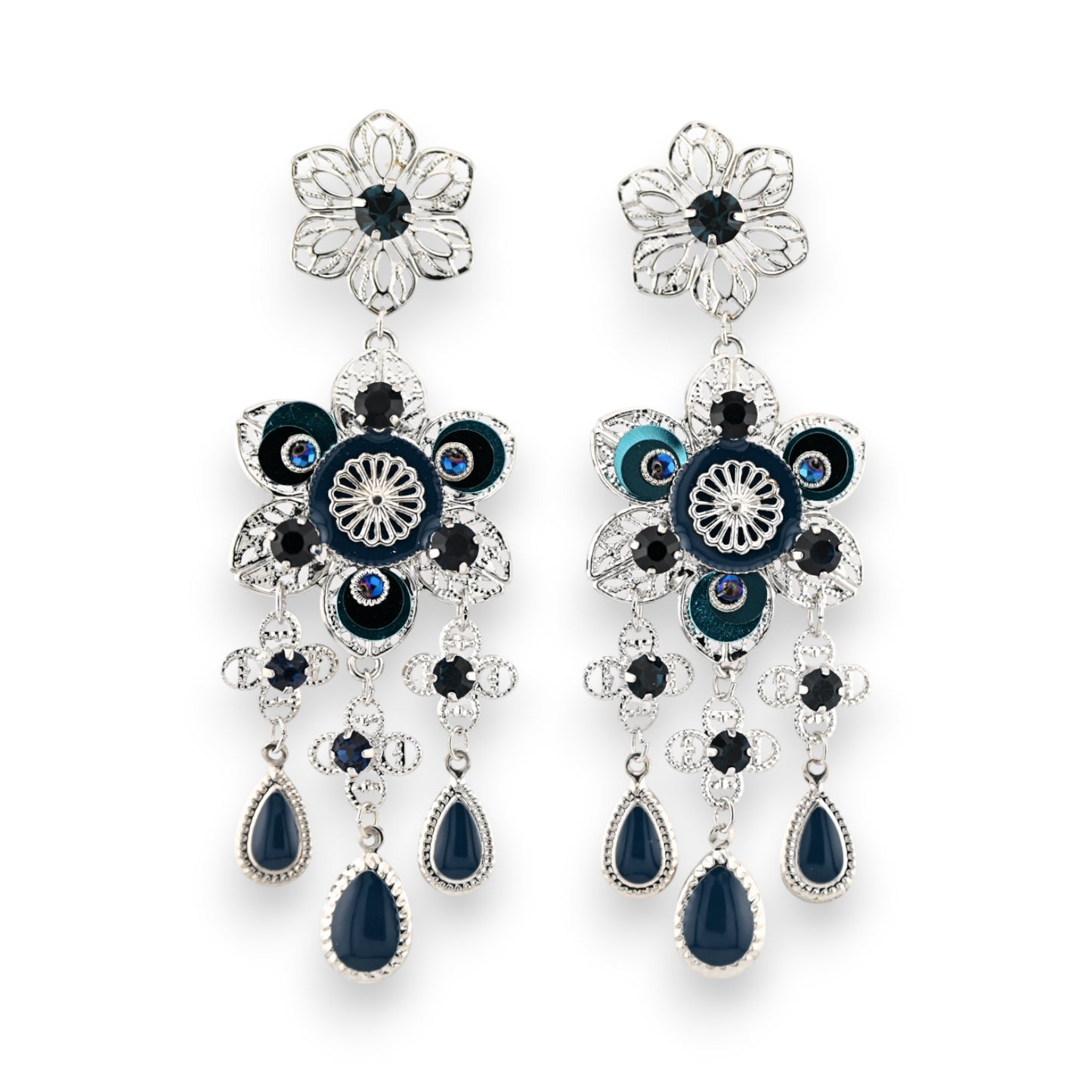 Boucles d'oreilles argentées fantaisies nuances bleu