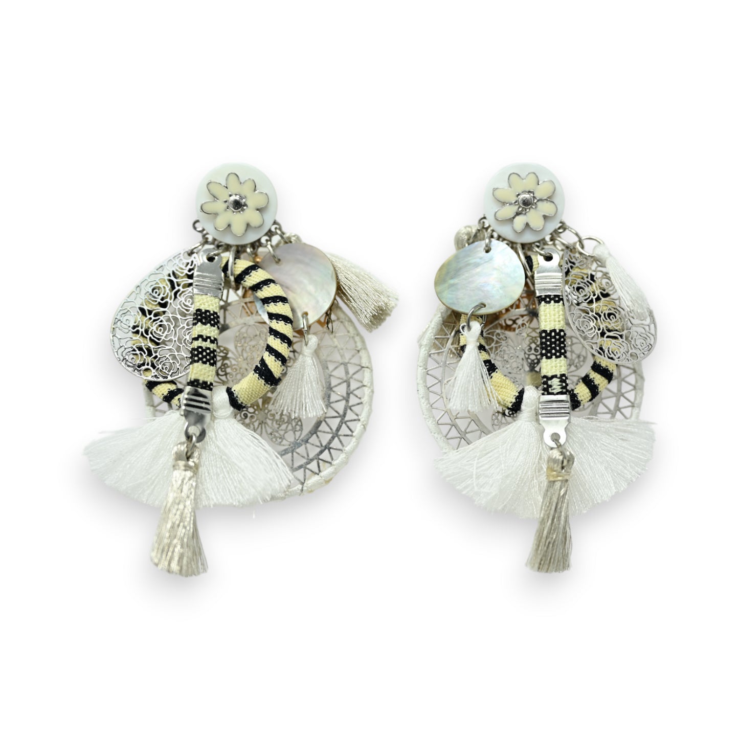 Boucles d'oreilles clip attrape rêve blanc et noir