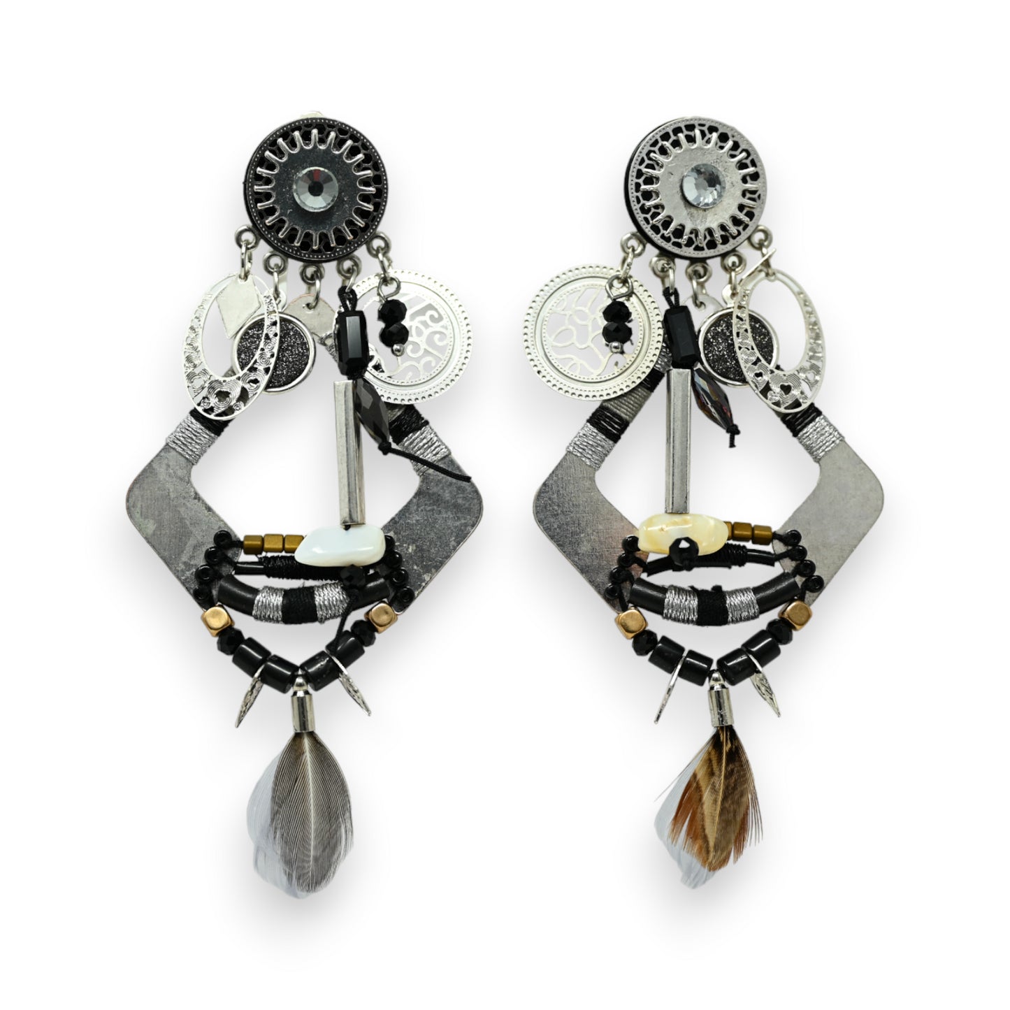 Boucles d'oreilles clip esprit ethnique noires et argentées