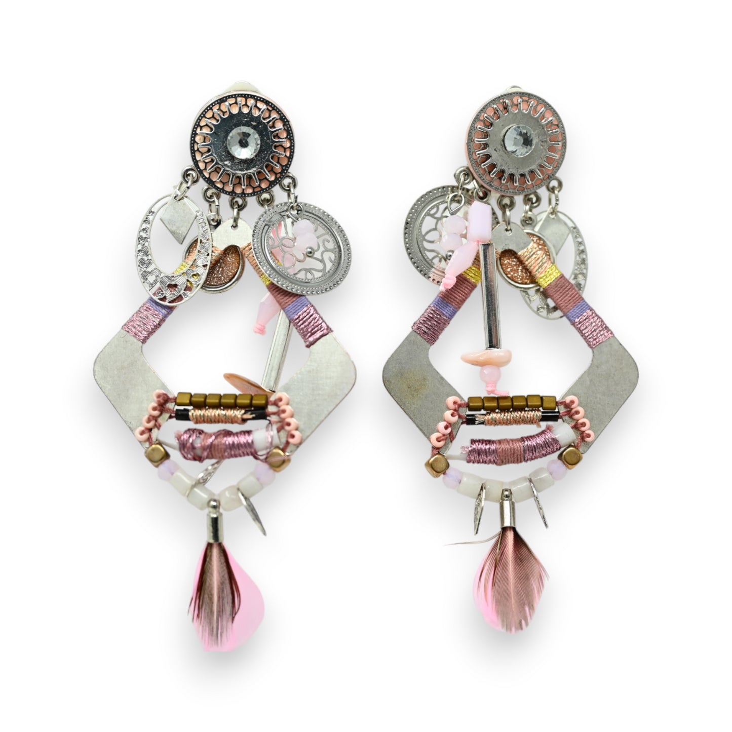 Boucles d'oreilles clip losange arrondi argenté et rose