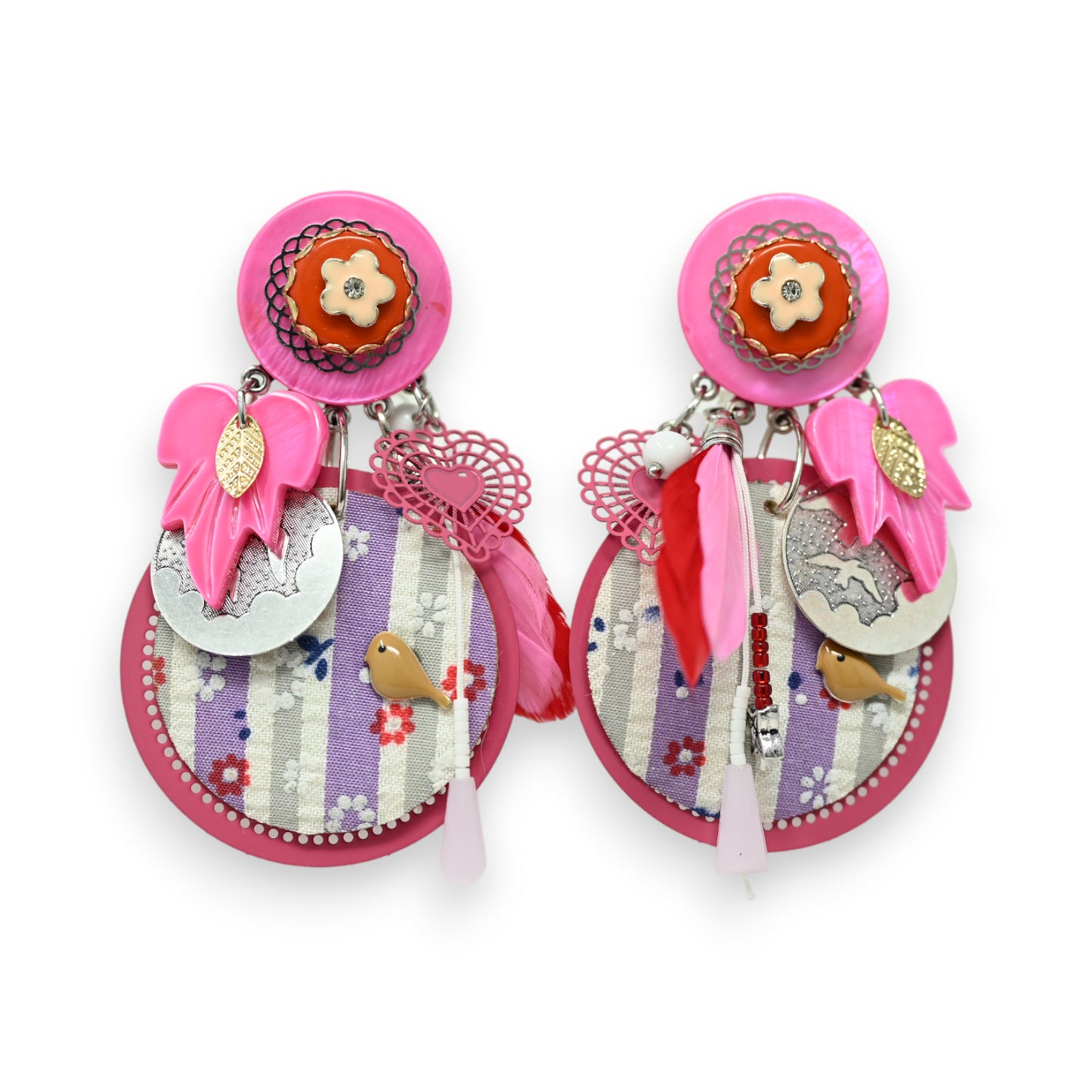 Boucles d'oreilles Clips Médaillon Fuchsia Printanier