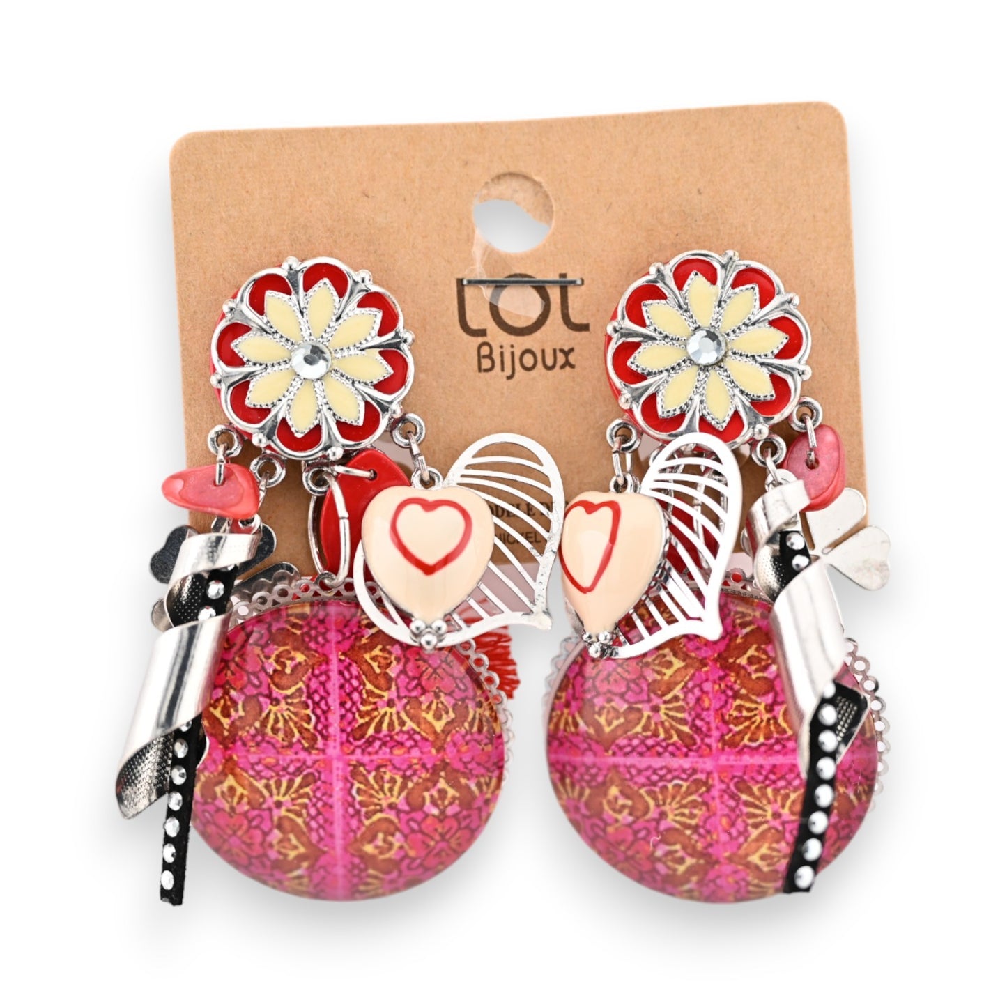 Boucles d'oreilles clip rouge médaillon rond imprimé