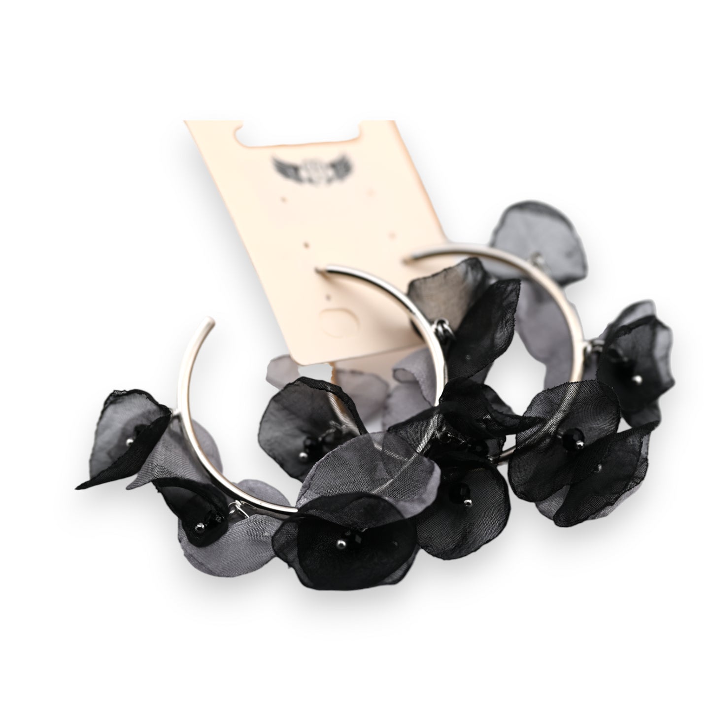 Boucles d'oreilles créoles fleurs tissus noires et gris