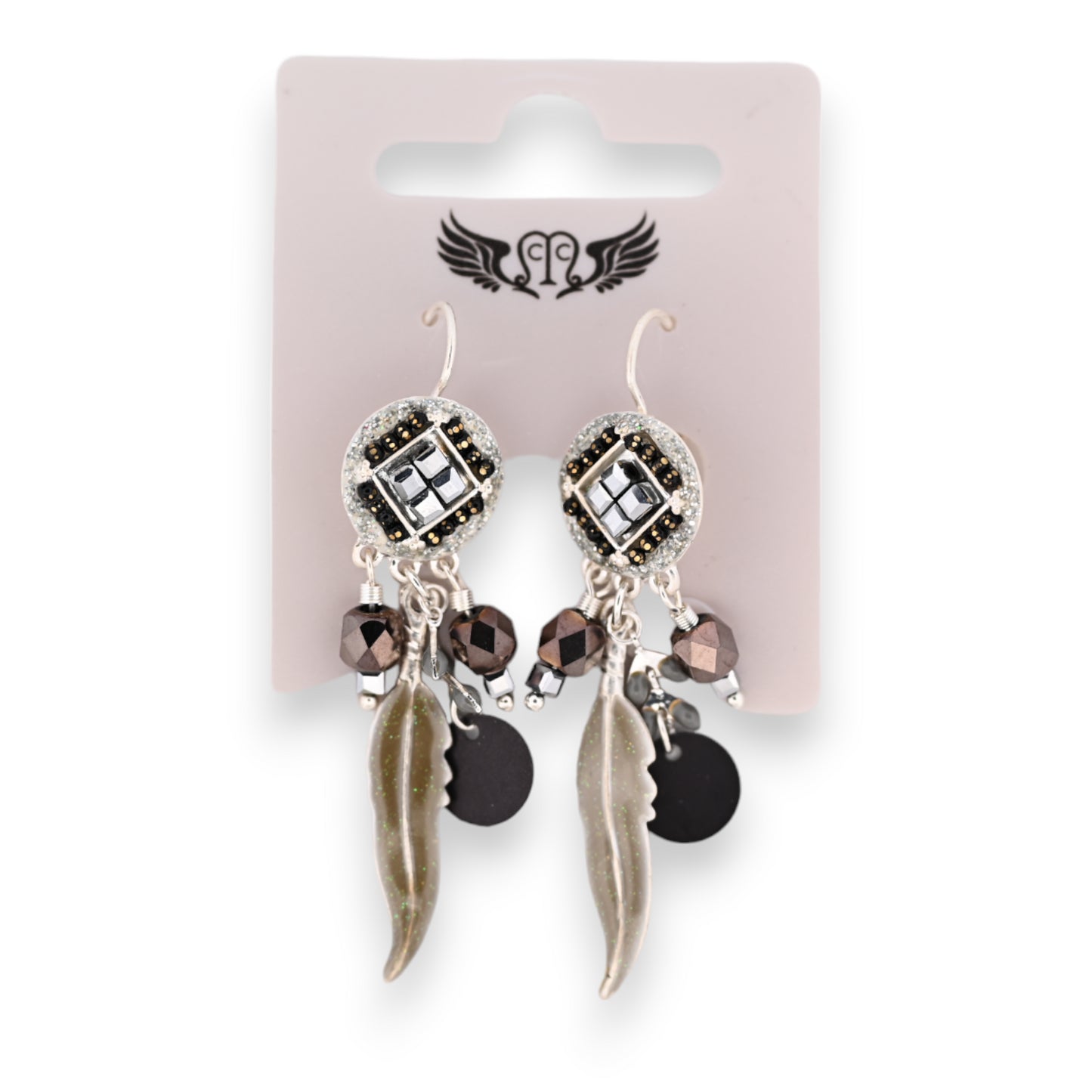 Boucles d'oreilles dormeuse noire et grise plumes