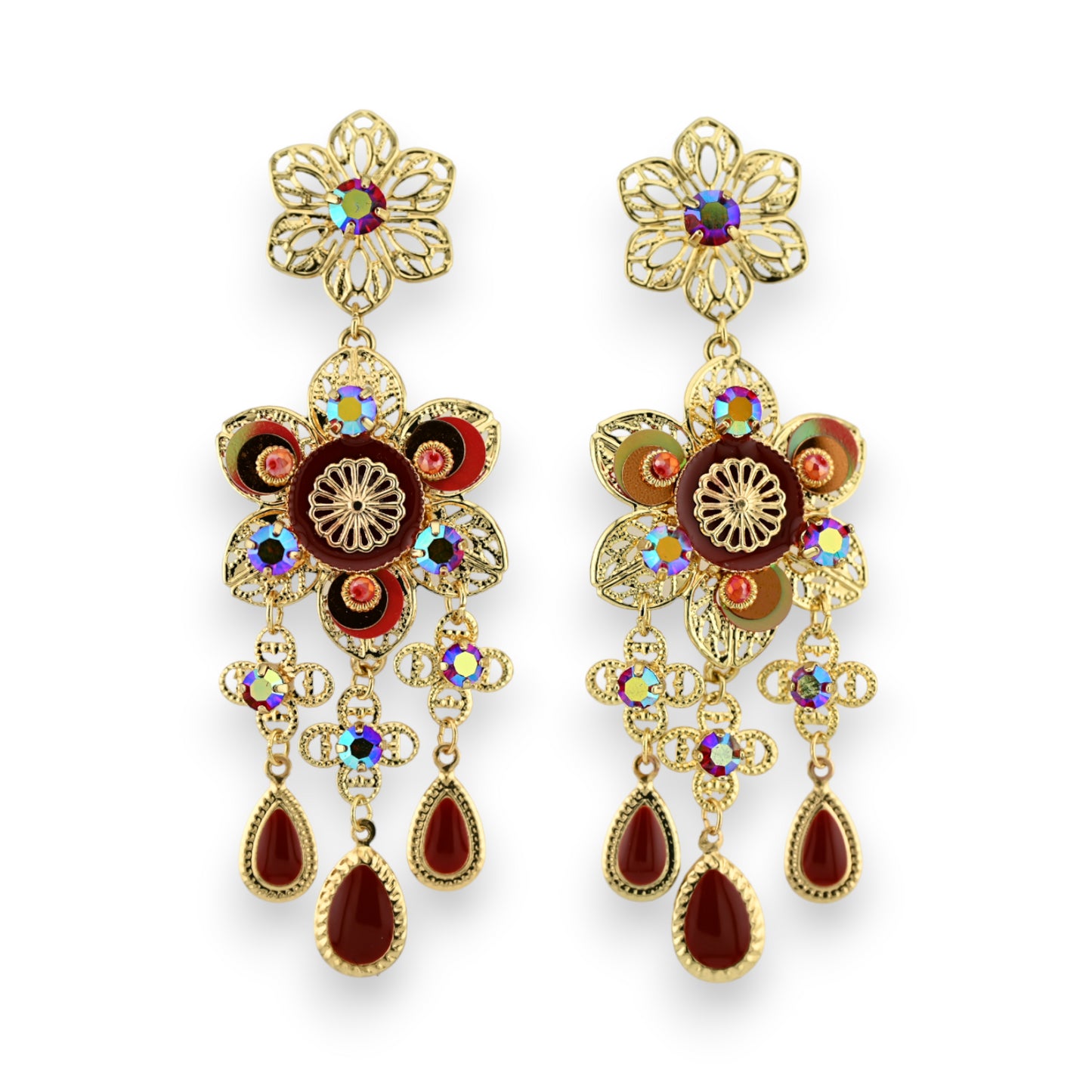 Boucles d'oreilles fantaisie doré orientale bordeaux