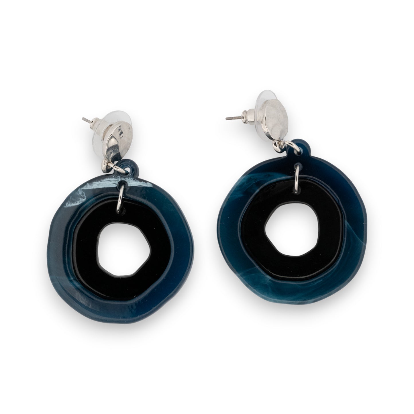 Boucles d'oreilles géométrie ronde bleu argent et noir