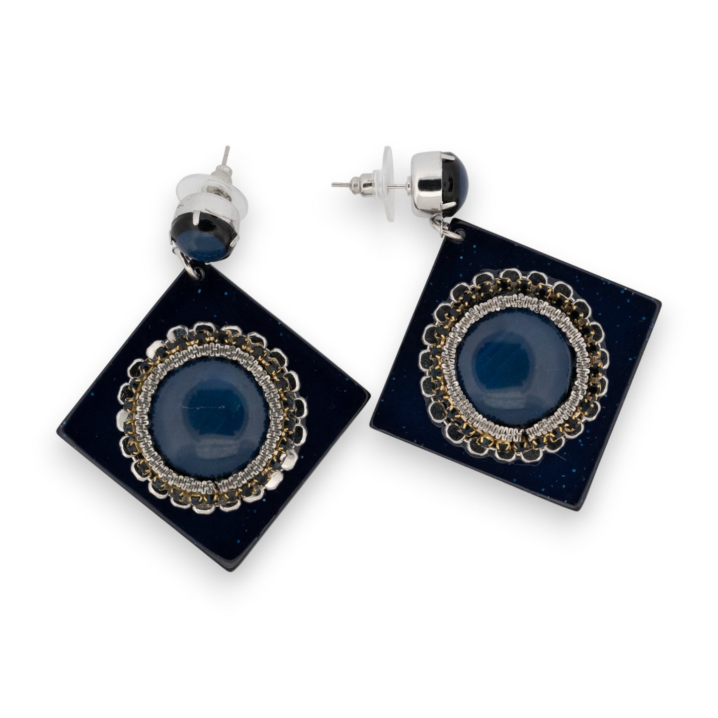 Boucles d'oreilles géométrique bleu nuit et argentées