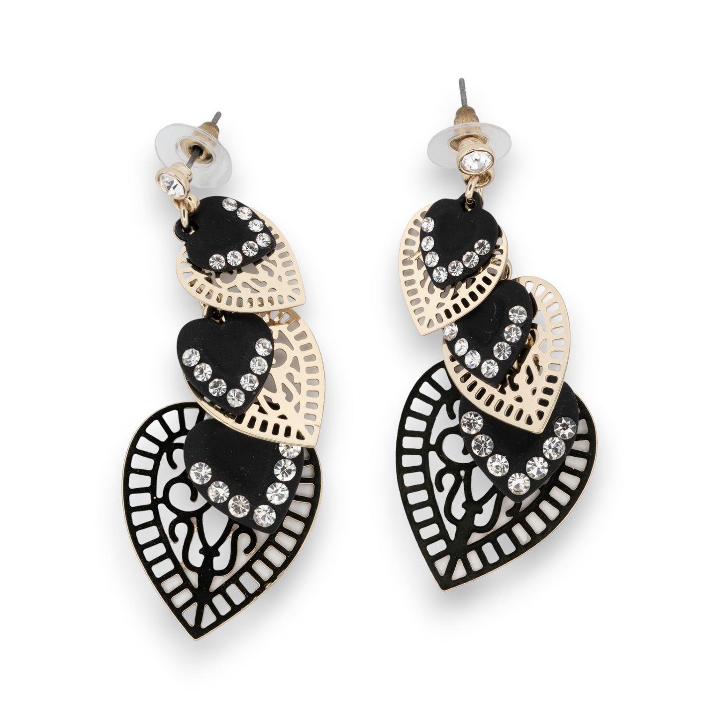 Boucles d'oreilles pendantes coeurs et strass