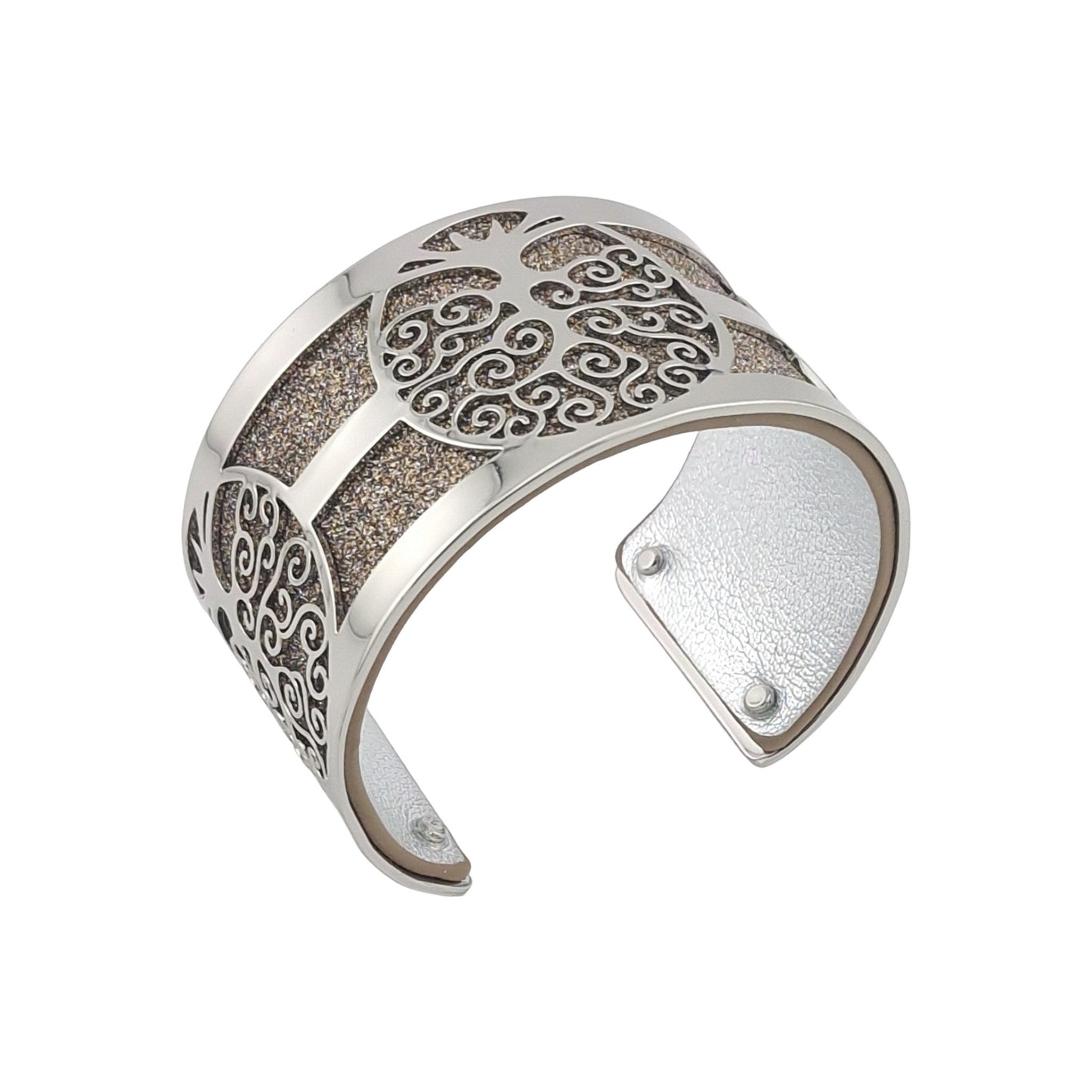 Bracelet manchette large finitions argentées au simili cuir argenté pailleté et argent