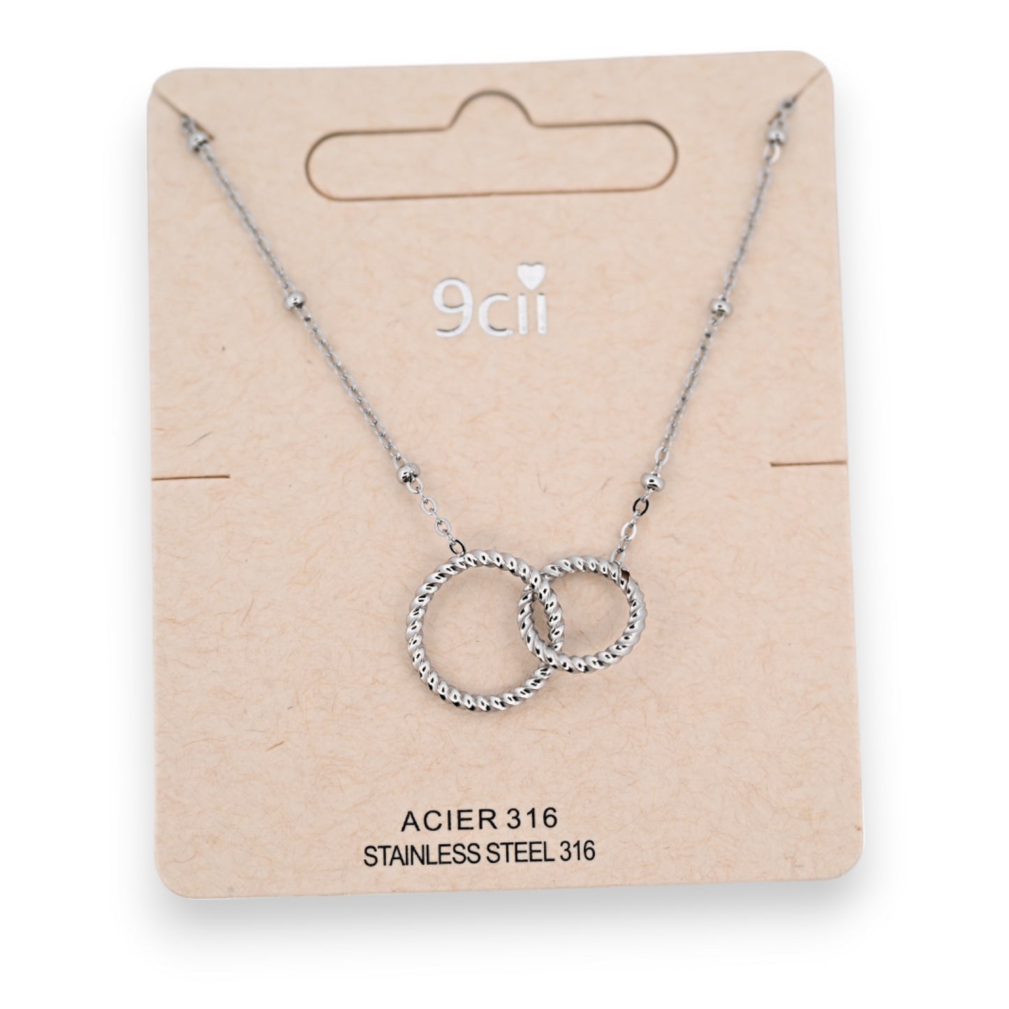 Collier acier argenté 2 cercles enlacés
