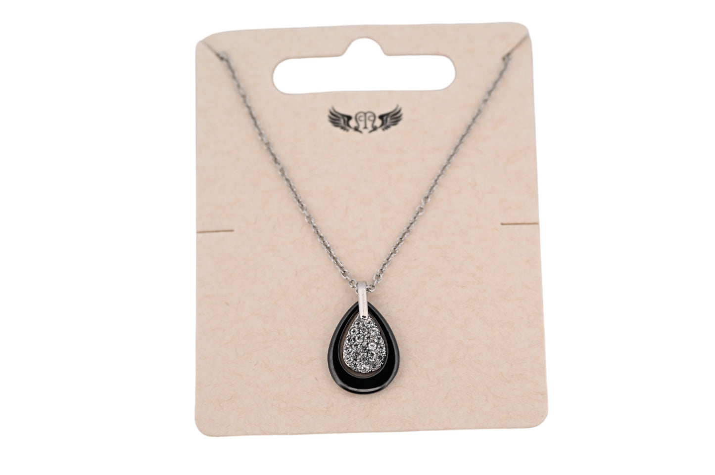Collier acier argenté médaillon goute noire céramique et strass