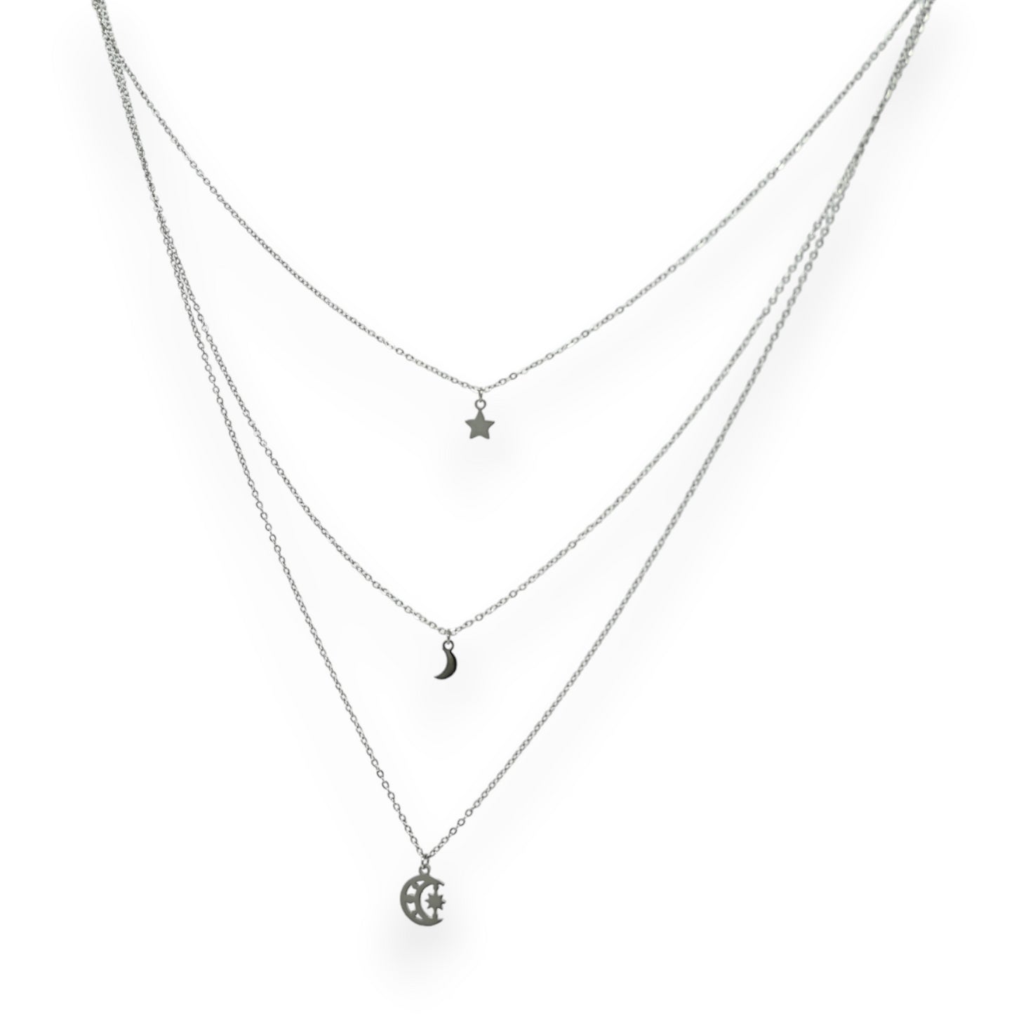 Collier acier argenté multi rangs lune et étoile