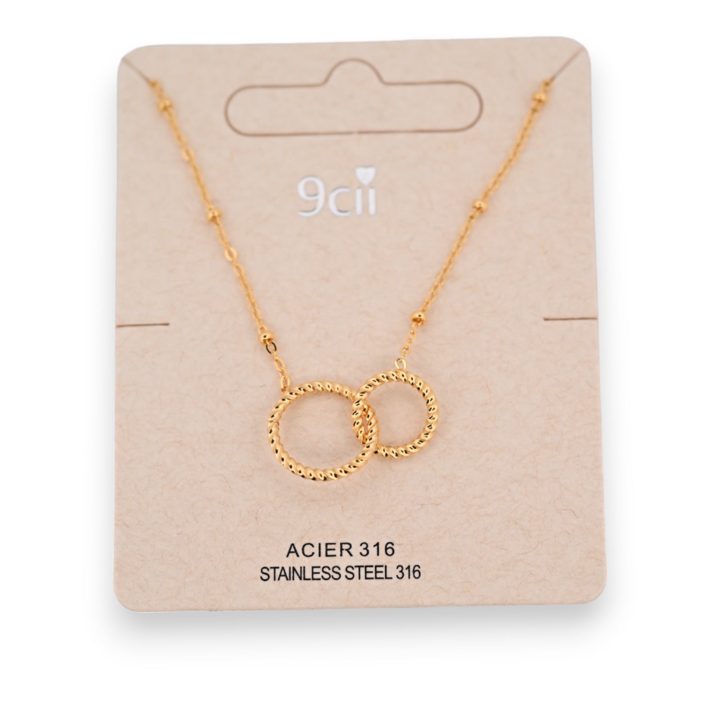 Collier acier doré 2 cercles enlacés