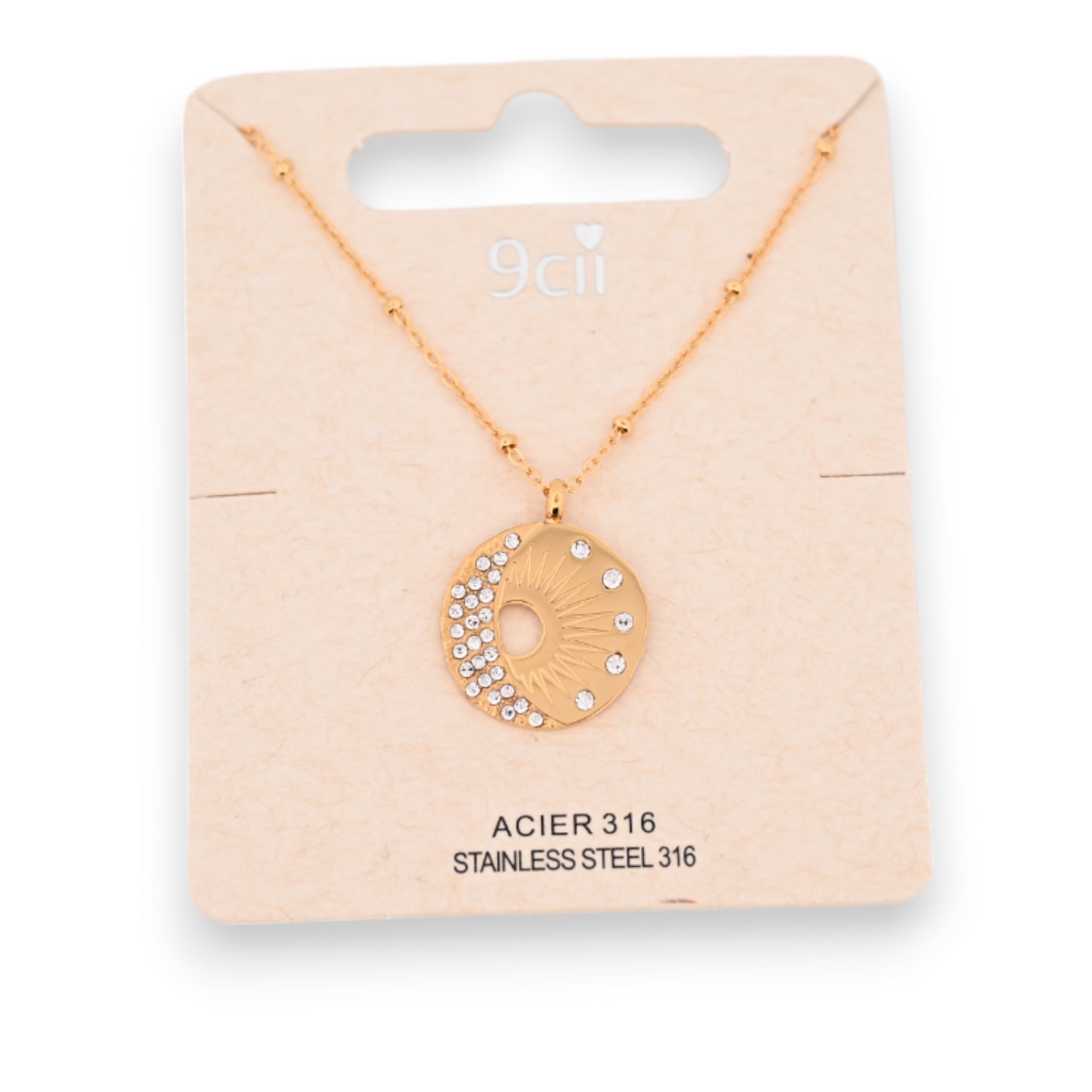 Collier acier doré demi lune et soleil brillant