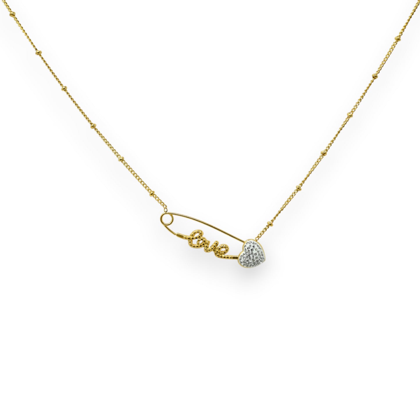 Collier acier doré épingle LOVE coeur strass