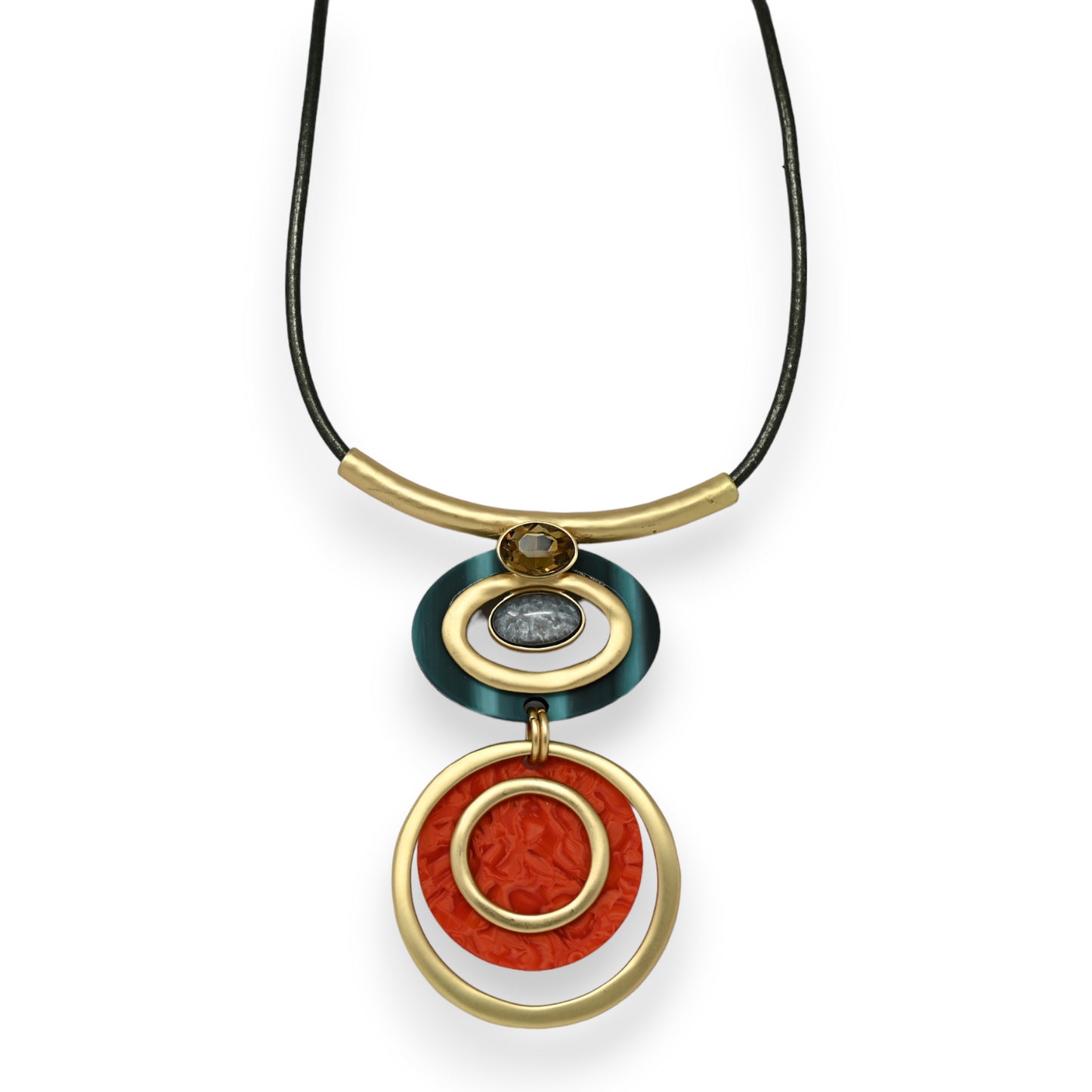 Collier fantaisie double médaillon géométrie orange et bleu