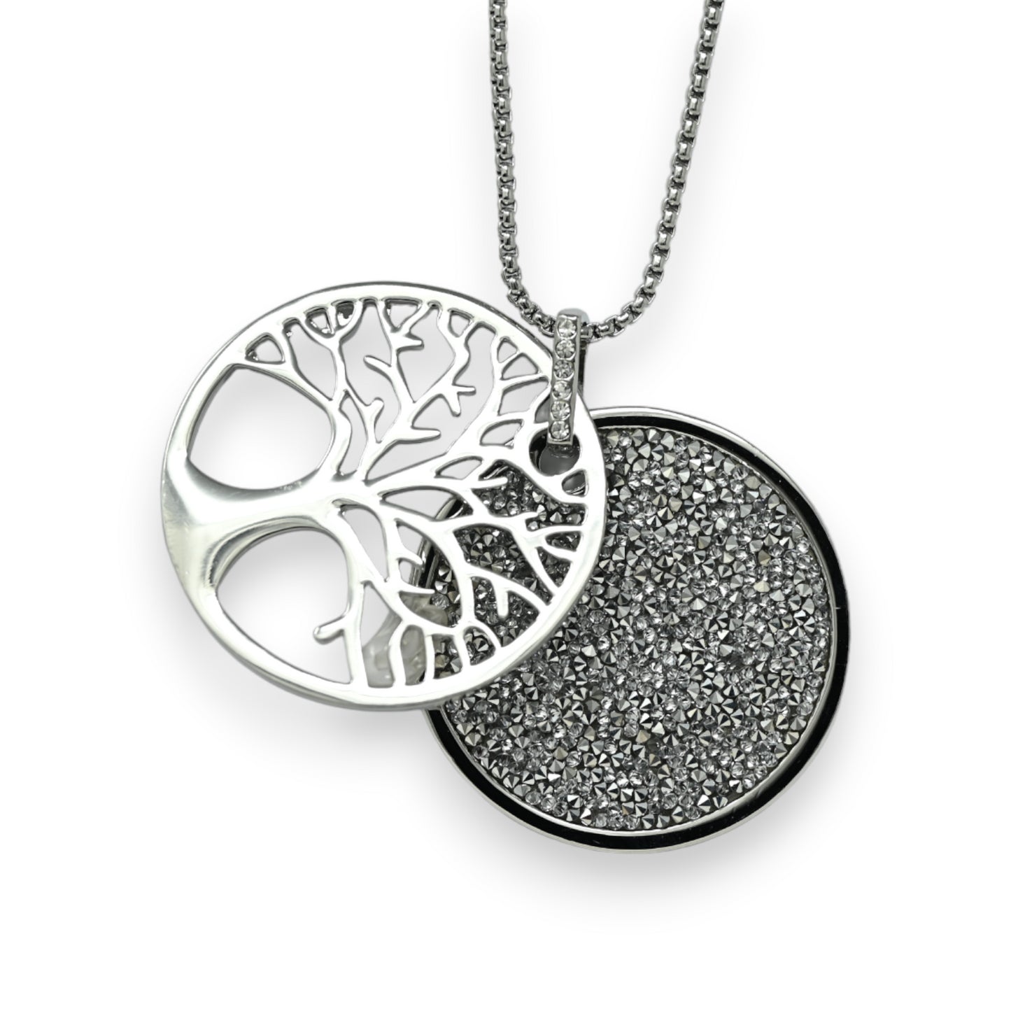 Collier fantaisie long argenté arbre de vie brillant