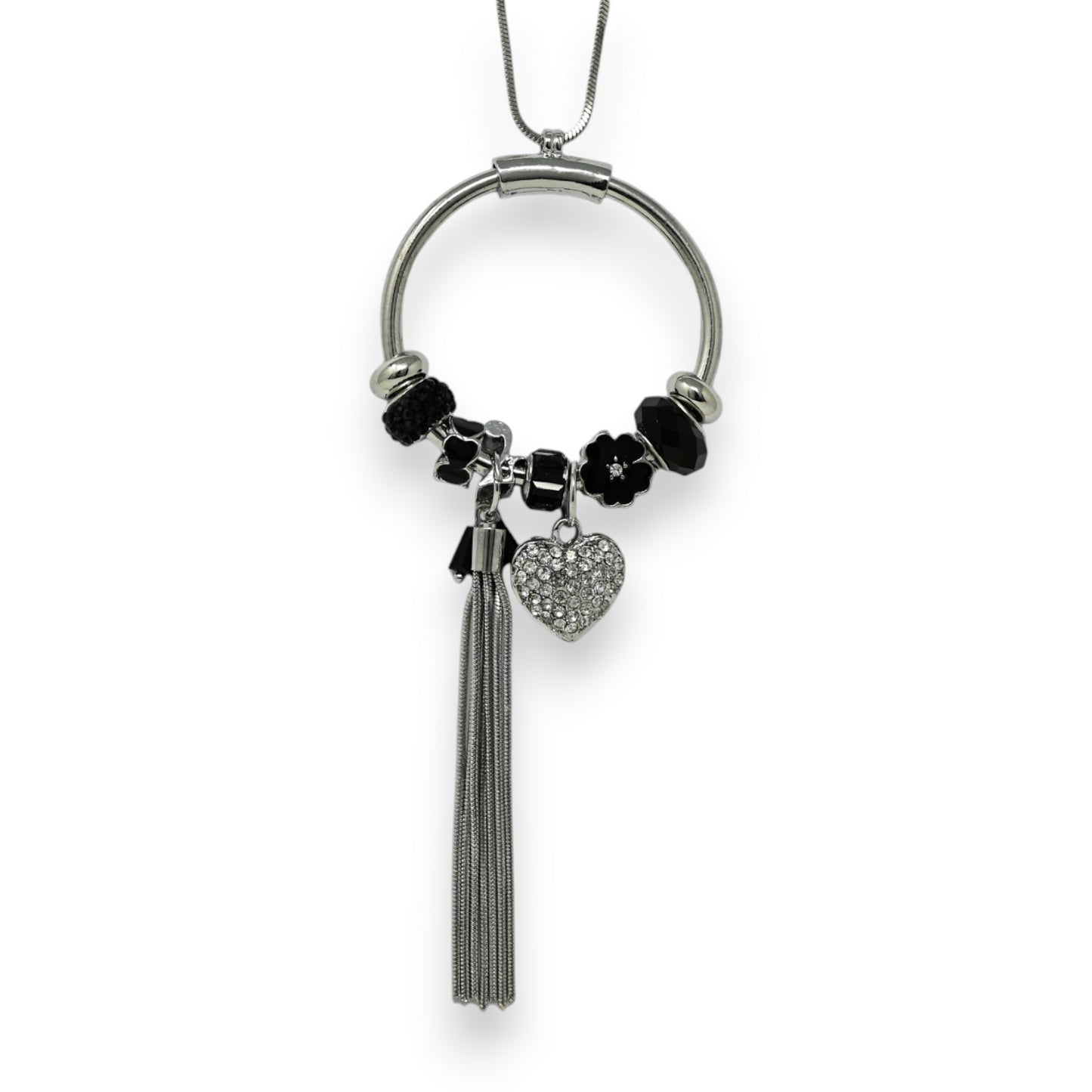 Collier fantaisie long argenté cercle charms noirs