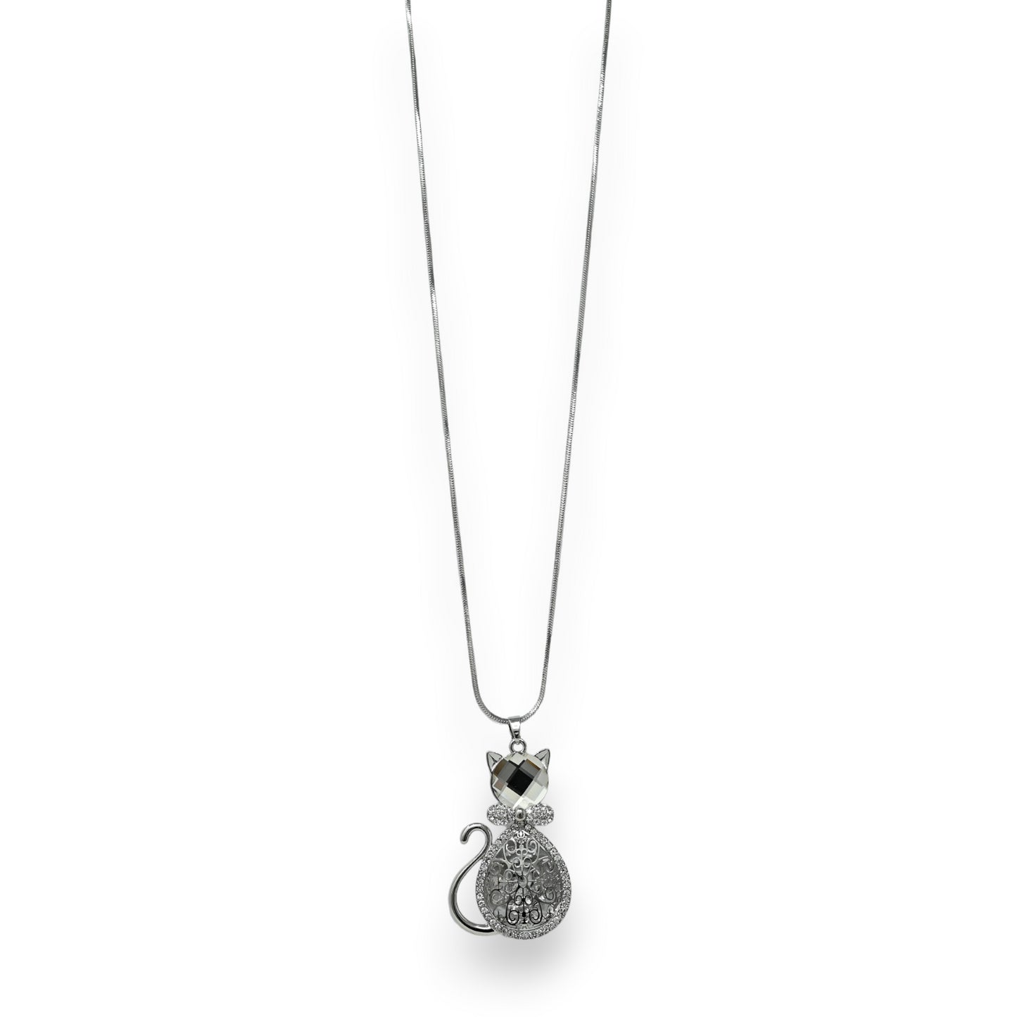 Collier fantaisie long argenté chat pierre et strass blanc