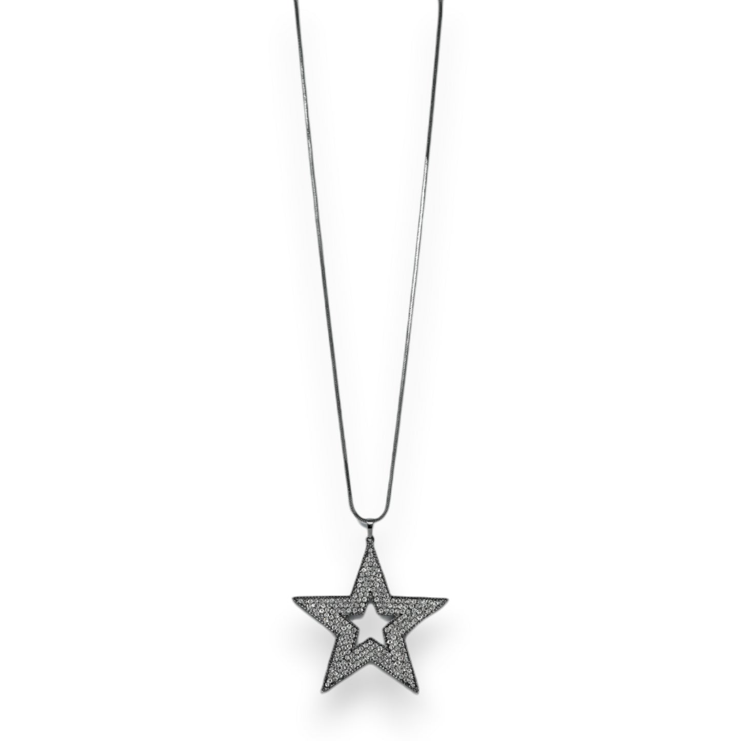 Collier fantaisie long argenté gris grosse étoile strass