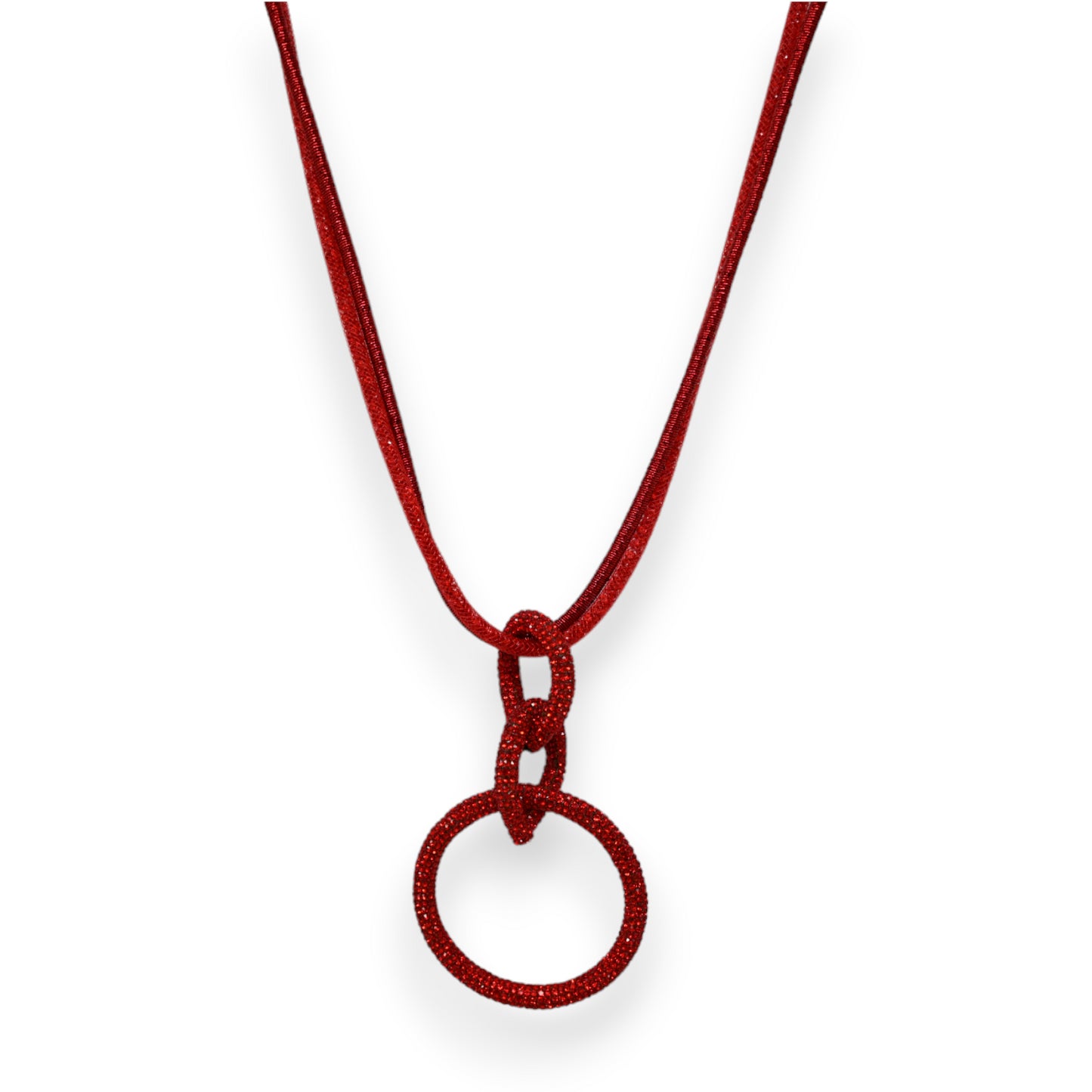 Collier fantaisie long cercle enlacés rouge strass