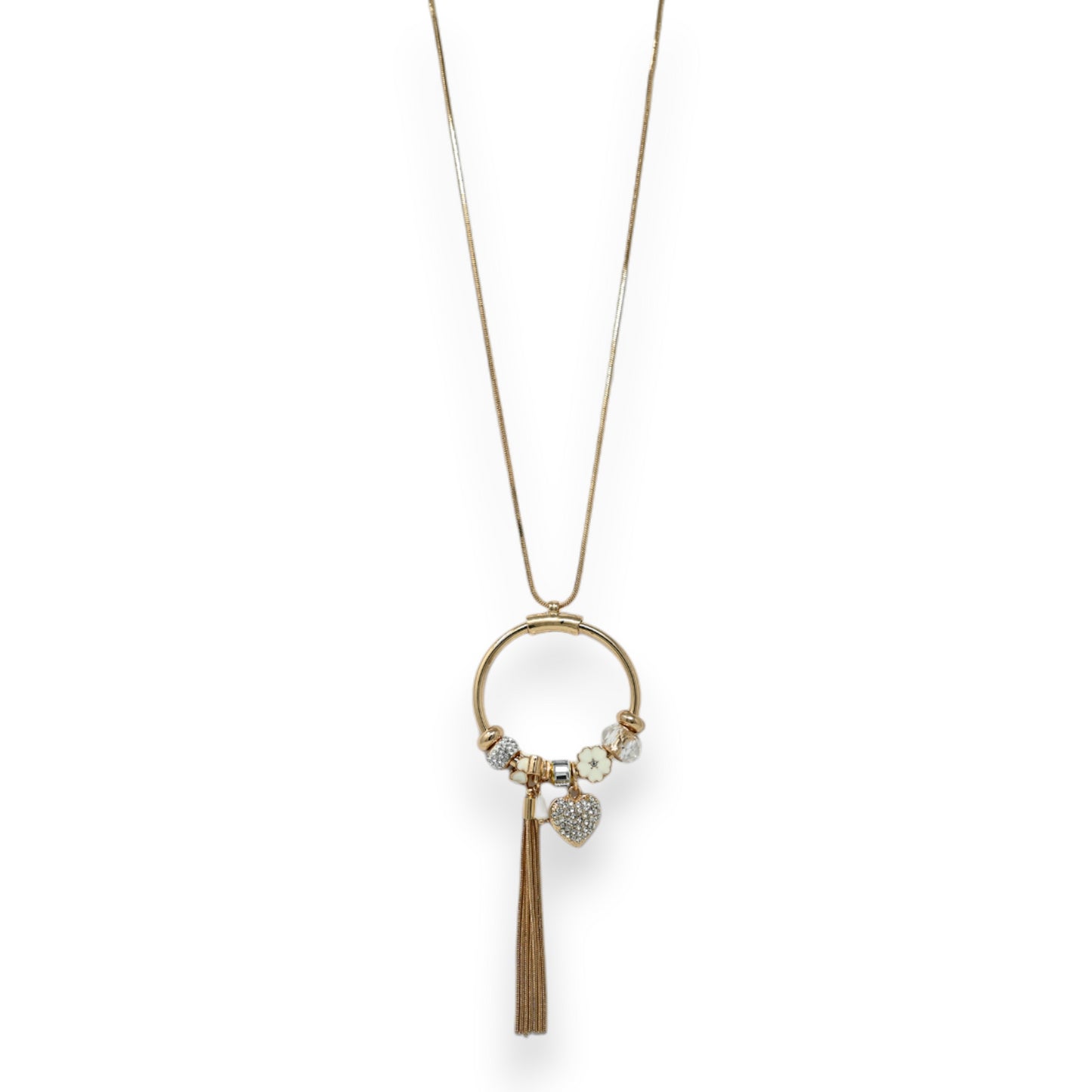 Collier fantaisie long doré charms blancs